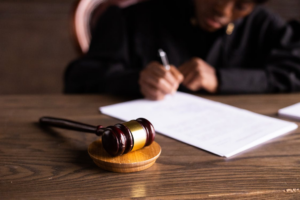 An immigration lawyer reviewing papers with a gavel on their desk Image Caption: A lawyer’s desk